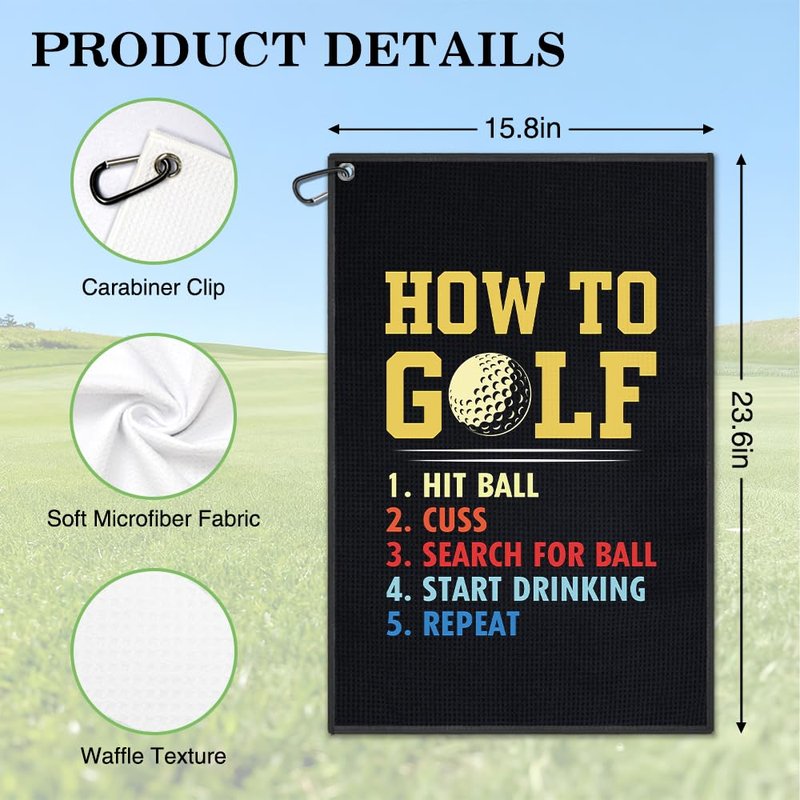 Juoqg How to Golf Towel, Funny Golf Bag Towel with Clip for Men, Golfing Accessories for Men Women, Christmas Birthday Retirement Gifts for Golfer Sports Fan, Golfing Gifts for Dad Mom Grandpa Friend