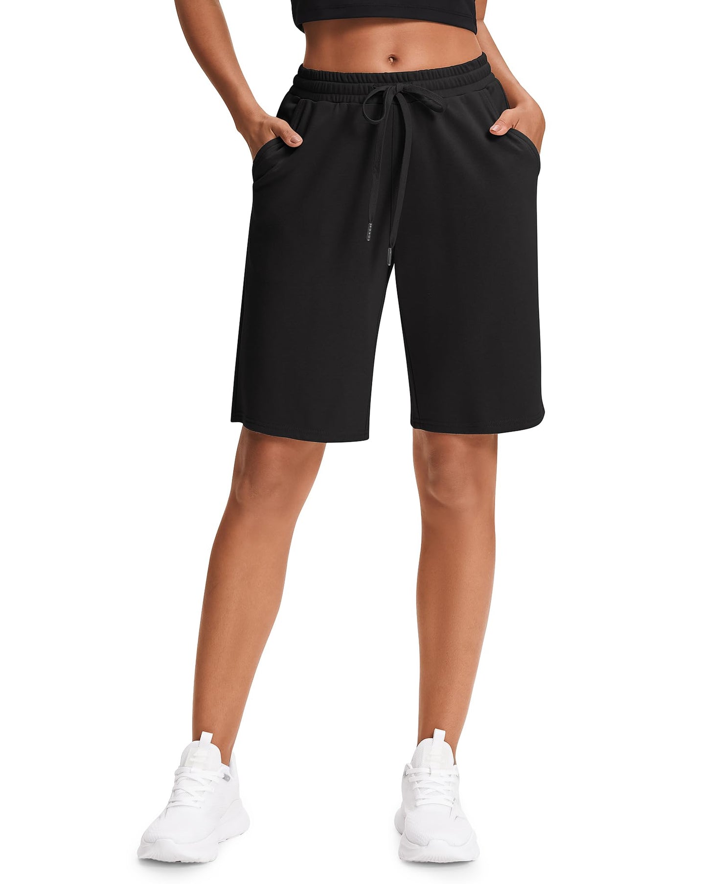 Stelle Women's Cotton Bermuda Shorts 10" Long Knee Length Comfy Sweat Shorts with Deep Pockets Lounge Casual Summer (Black, XL)