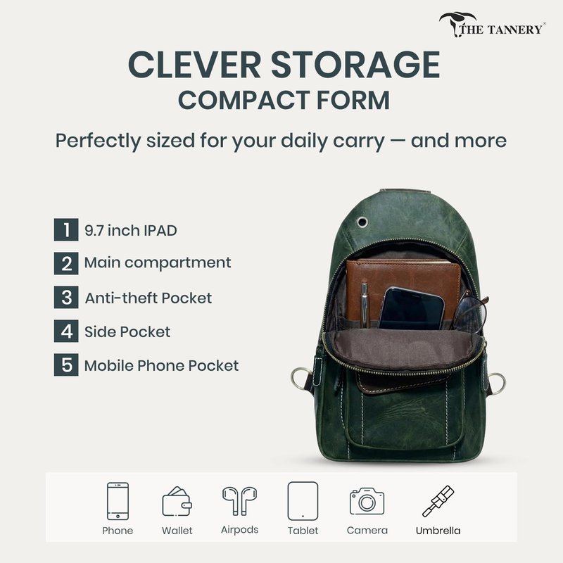 The Tannery Handmade Buffalo Leather Multipurpose Travel Hiking Crossbody Chest Backpack with Adjustable Shoulder Strap - Large