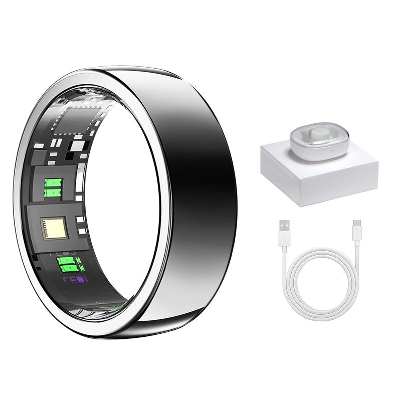 Smart Ring - Silver - Size 9 - Health Tracker with Free Subscription, Gesture Beauty Photo & Brush Video, Fitness Sleep Heart Rate Blood Oxygen Tracking Ring with Charging Case, Gifts for Women & Men