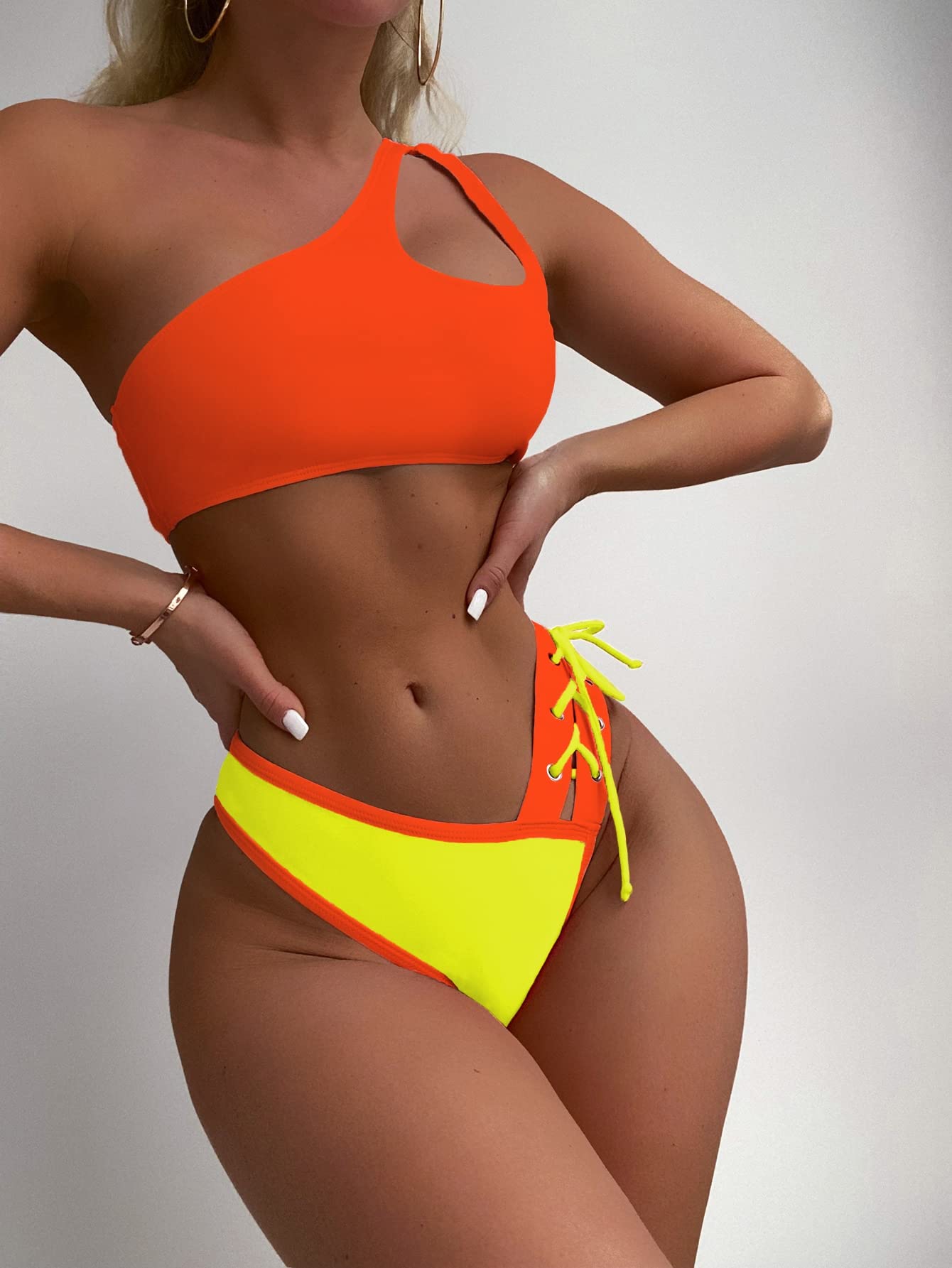 OYOANGLE Women's 2 Piece Color Block Cut Out Asymmetrical One Shoulder Lace Up High Waist Bikini Set Swimsuit Multicolor XL