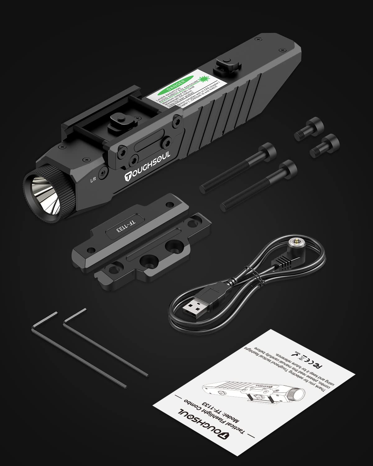 TOUGHSOUL Tactical Flashlight Green Laser Sight Combo, 1750 Lumen Picatinny Rail MLOK Mounted Rechargeable Rifle Flashlight (Green Laser)