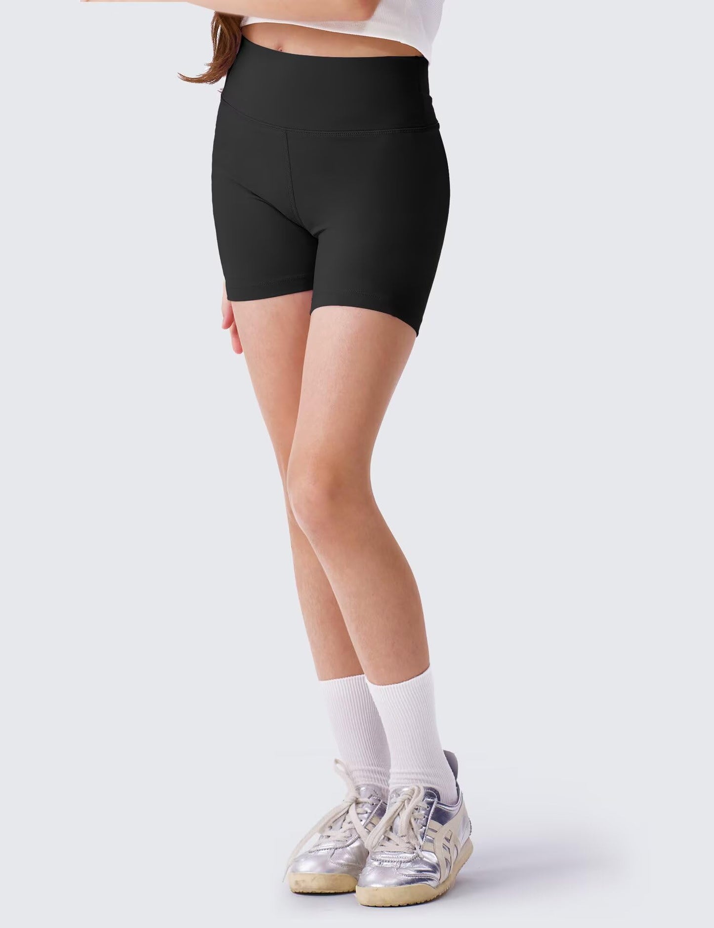 SKIDREAM Girls 4'' High Waisted Biker Shorts, Stretchy Athletic Workout Running Shorts for Kids and Teens Black