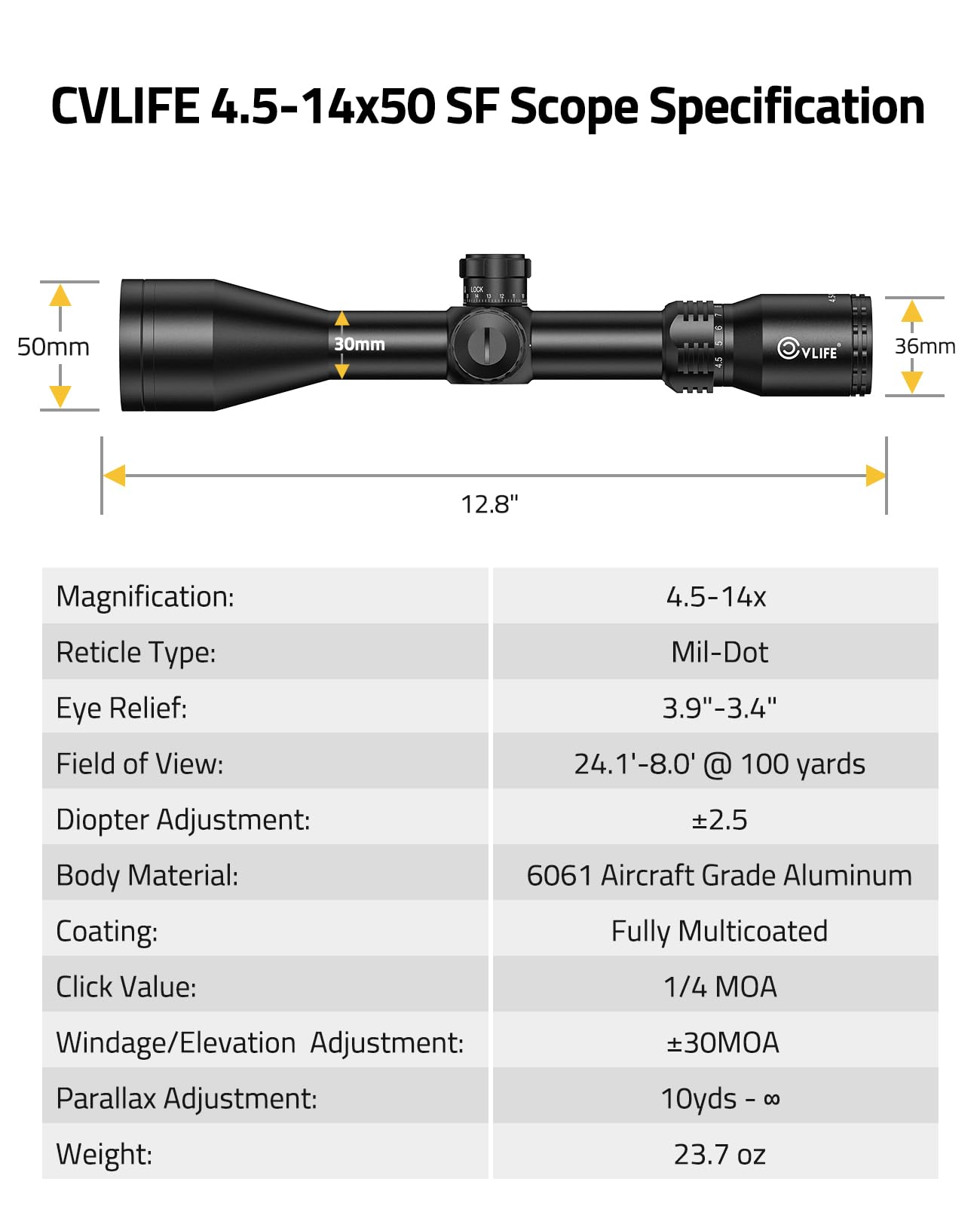 CVLIFE EagleFeather F02 4.5-14x50 Rifle Scope with Side Focus Parallax Adjustment, Illuminated Mil-Dot Reticle, 30mm Tube Long Range Rifle Scope for Hunting, SFP Riflescope with 20mm Scope Rings