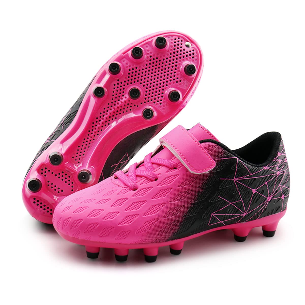 brooman Kids Firm Ground Soccer Cleats Boys Girls Athletic Outdoor Football Shoes(3.5,Fuchsia Black)