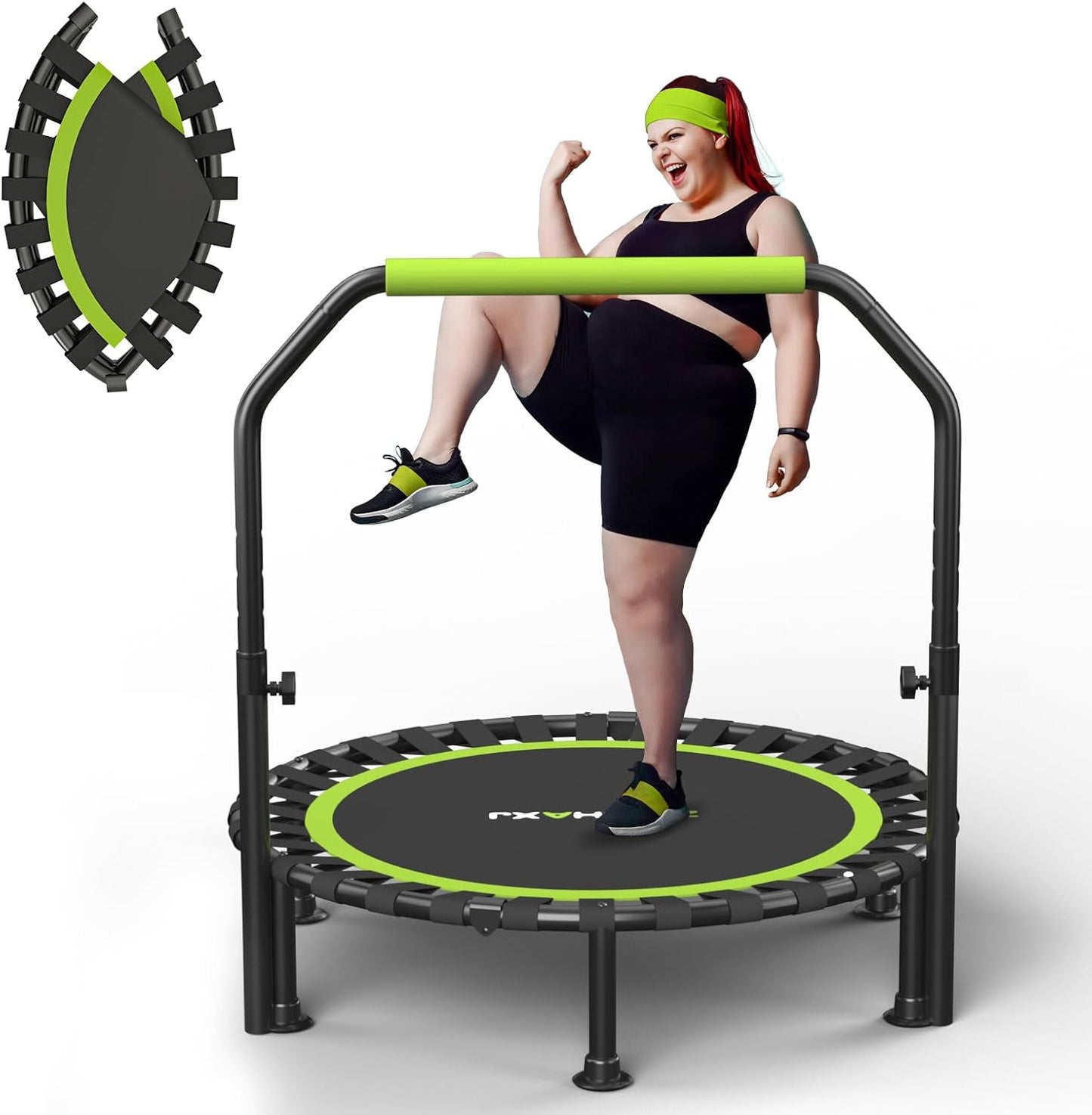 Foldable Mini Trampoline - 40"/48" Rebounder for Adults & Kids | 450lbs Capacity with Adjustable Bar for Indoor Fitness