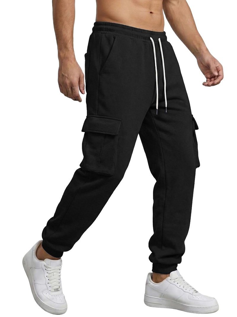 PIDO YOGA Men's Cargo Sweatpants Fleece Casual Jogging Hiking Pants Baggy Sweat Pants for Men Running Athletic Workout with Pockets,Black