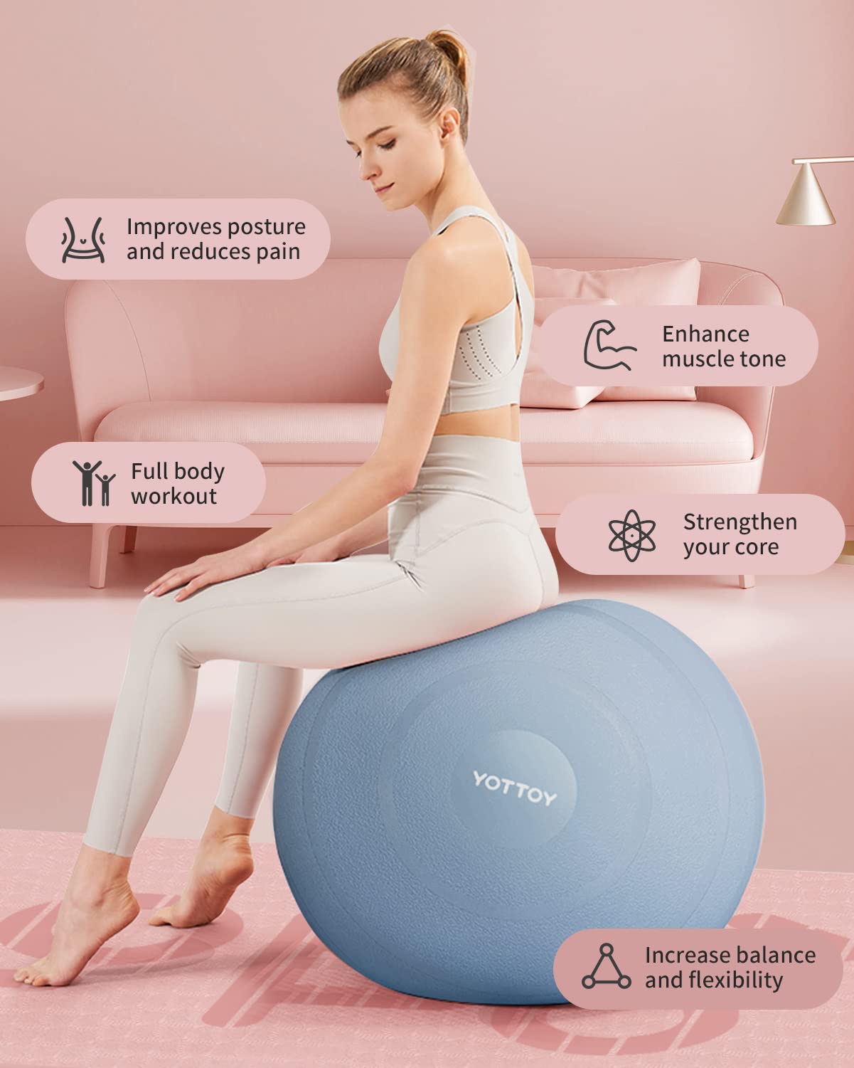 YOTTOY Anti-Burst Exercise Ball for Working Out, Yoga Ball for Pregnancy,Extra Thick Workout Ball for Physical Therapy,Stability Ball for Ball Chair Fitness with Pump (Blue)