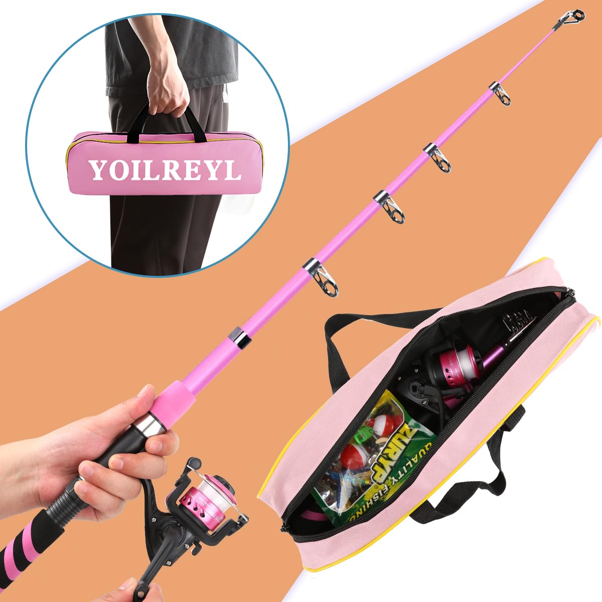 Yoilreyl Kids Fishing Rod and Reel Combo Push Button Small Collapsible Telescopic Fishing Pole Kit Beginner Youth Girls Fishing Starter Set Tackle (Spinning Rod, 5.91FT,Pink)