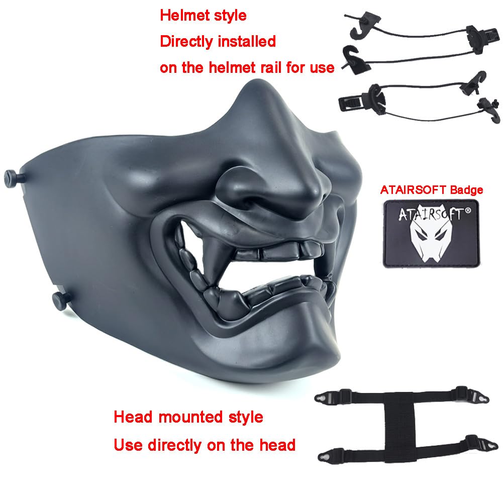 ATAIRSOFT Halloween Costume Cosplay BB Gun Evil Demon Monster Kabuki Samurai Hannya Oni Half Cover Airsoft and Prop Mask (Black - Simplified Version)