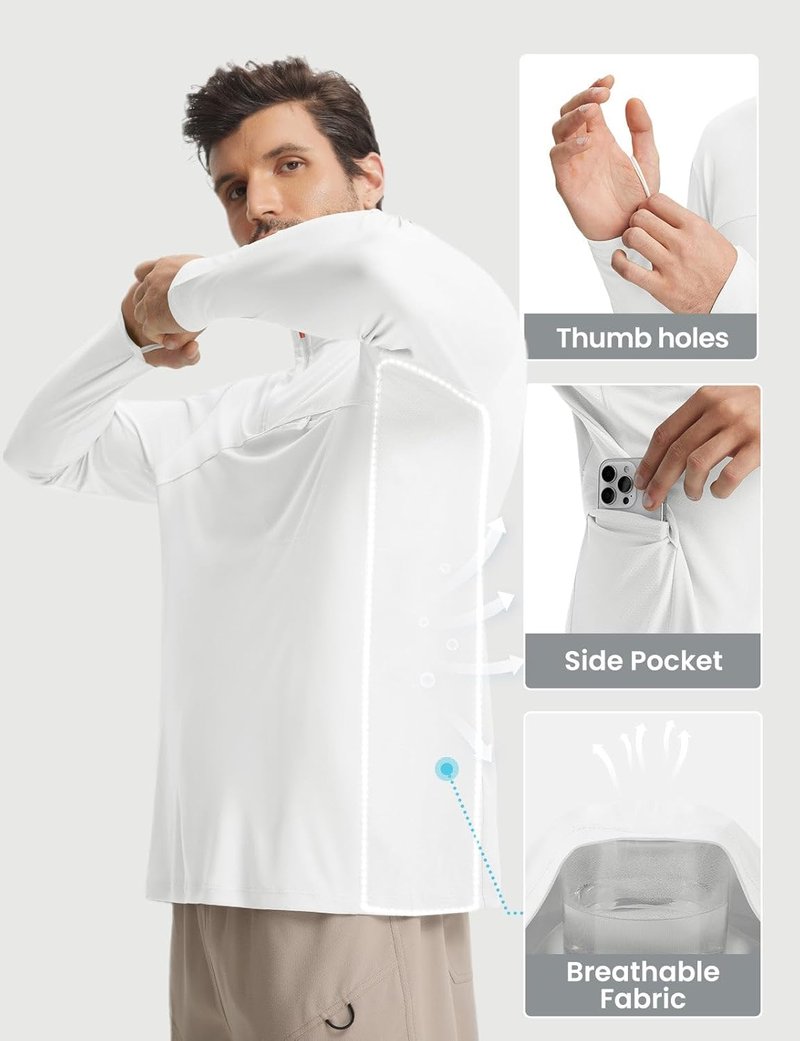 Men's Long Sleeve Sun Shirt - Quick Dry Lightweight UV Protection | 1/4 Zip Pocket Hiking & Running Top