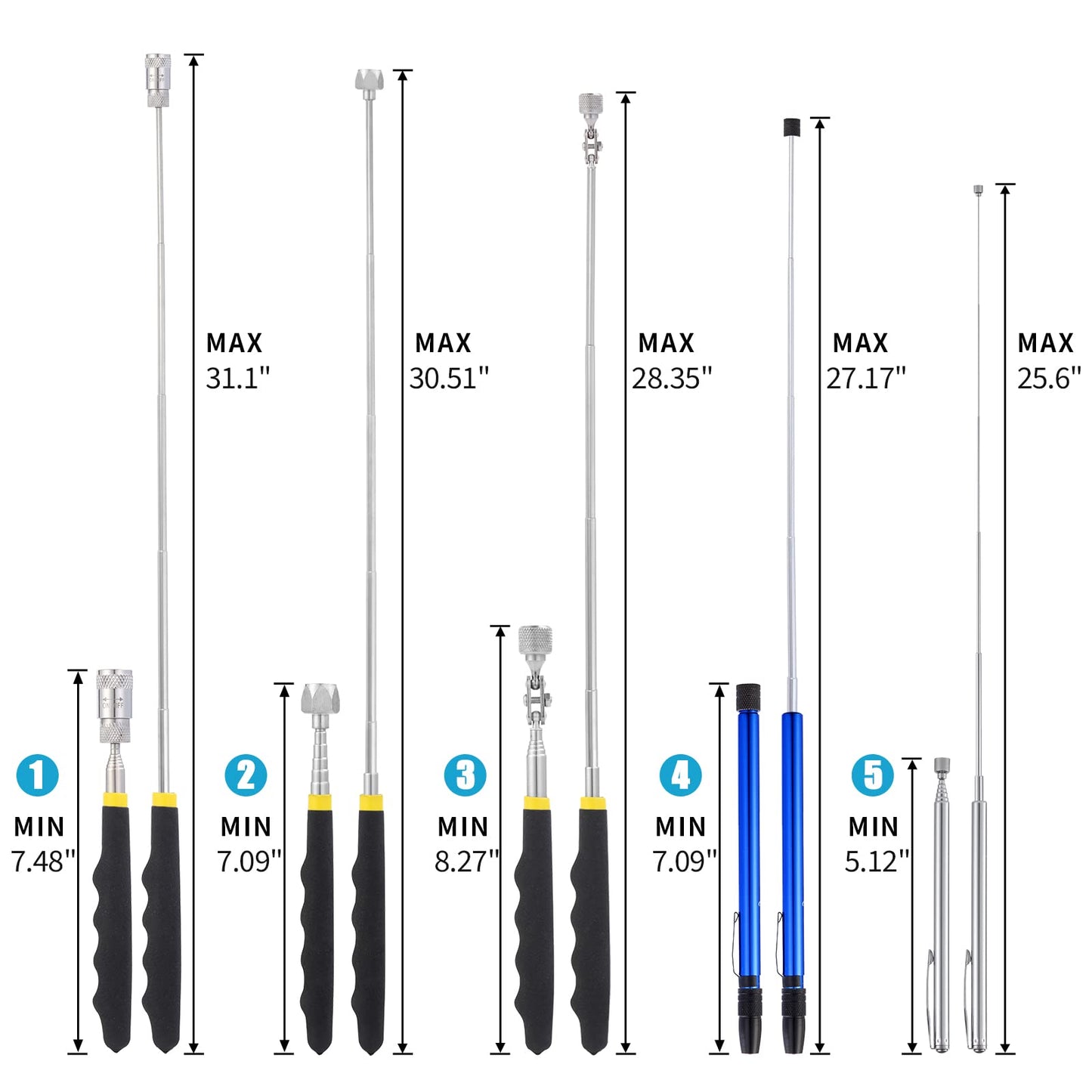 Rechabite 5 Pieces Telescoping Magnetic Pickup Tool Set, 1.5LB 15LB Pick-up Rod, 3.5LB 8LB Tools with LED Light, 10LB 360° Swivel Picker, Strong Magnet Stick Kit for Men Father Gift