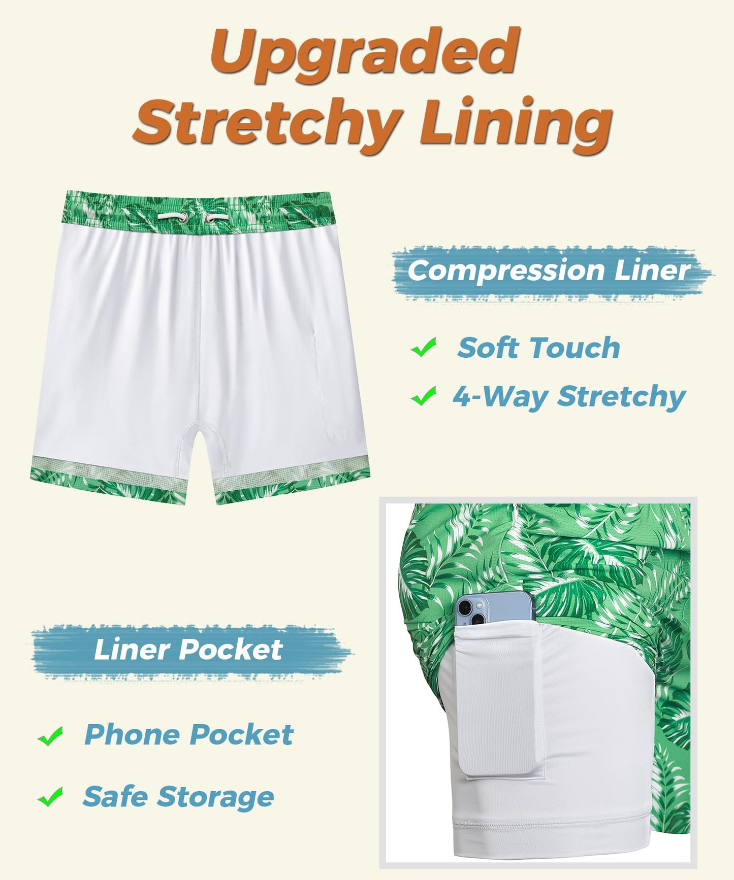 ELETOP Men's Swim Trunks with Compression Liner Bathing Suit Beach Board Shorts with Zipper Pockets Palm Leaf Green L