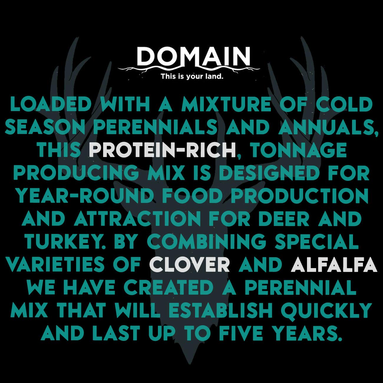Domain Outdoor Comeback Kid Food Plot Seeds for Deer, Special Varieties of Clover & Alfalfa, Great to Plant in Spring, High Protein Forage, Year-Round Attraction, Lasts up to 5 Years, 1/2 Acre