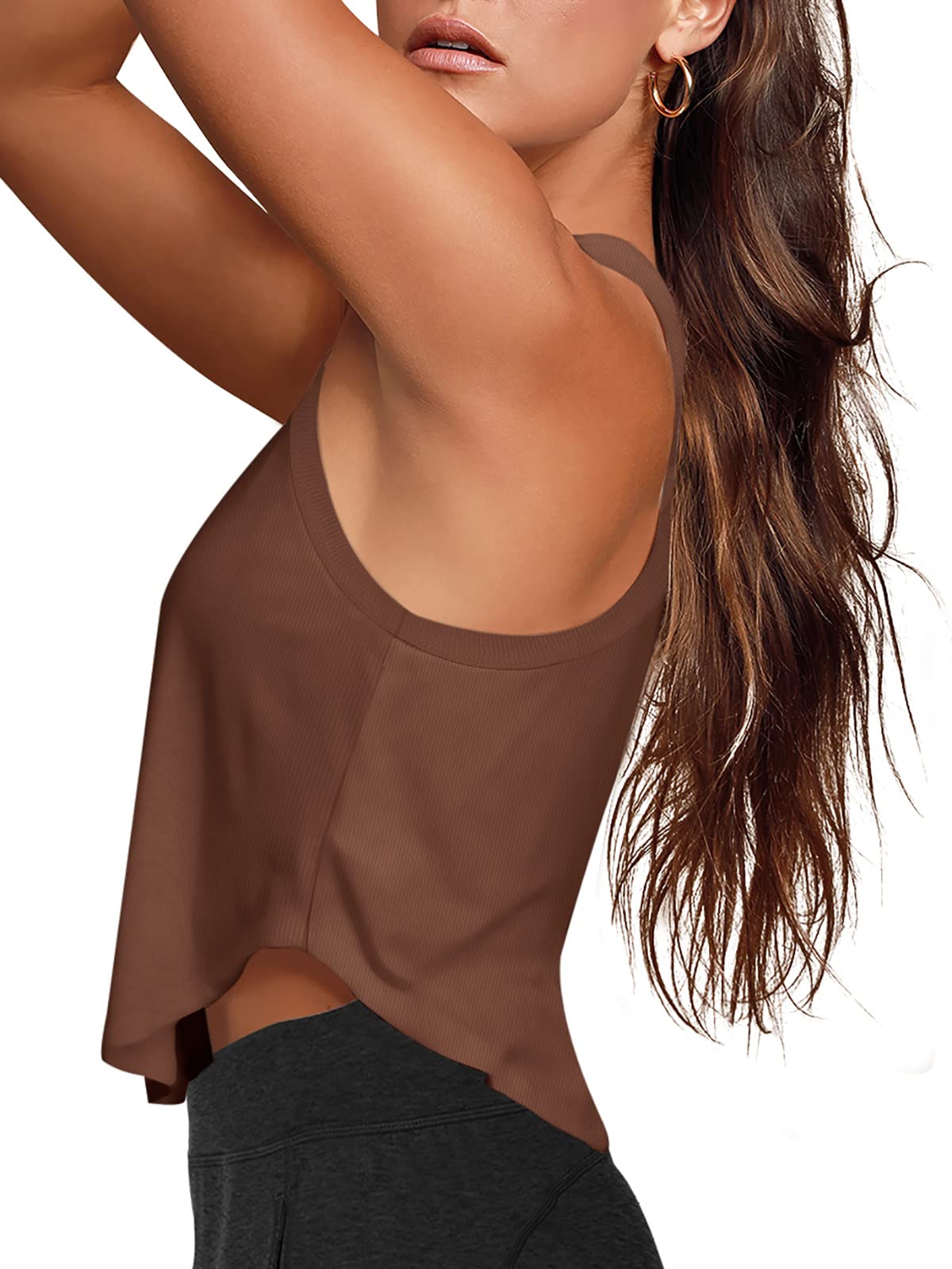 LASLULU Womens Athletic Crop Tops Sleeveless Workout Shirts Sexy Tops Flowy Running Shirts Gym Muscle Tank Casual Tops Racerback Tank Tops(Coffee Small)