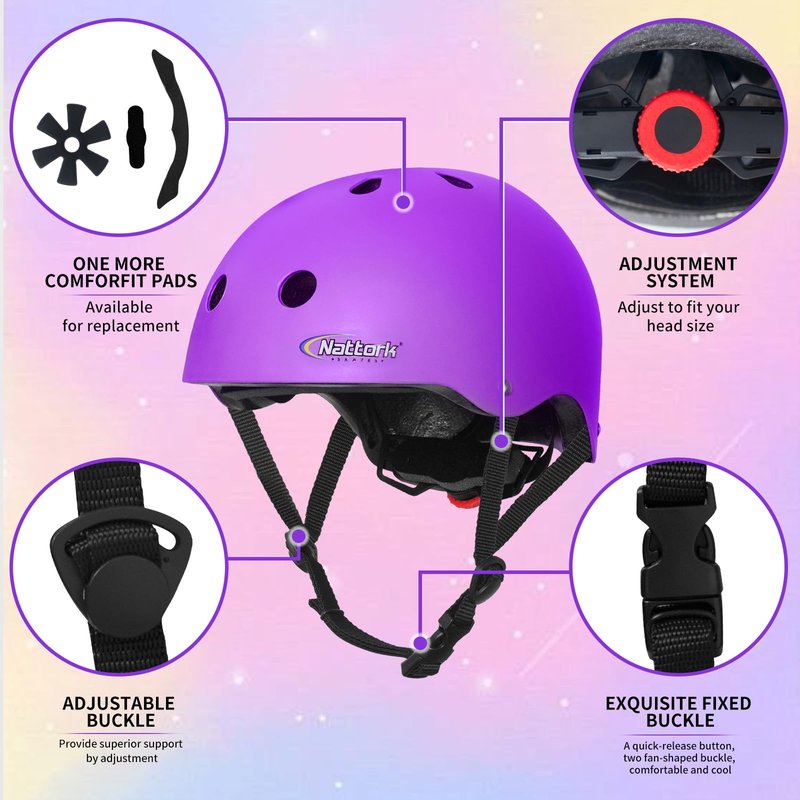 Nattork Kids Helmet Protective Gear, Removable Liner for Multi-Sports Skateboard, Skates, Bike, Scooter Purple Age 4-8