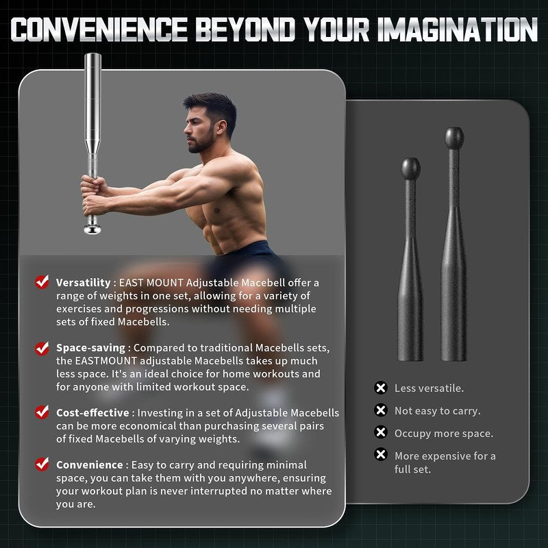 EAST MOUNT Adjustable Macebell Clubbell for Strength Training,6-in-1 Premium Steel Weighted Indian Clubbell for Full Body,Muscles, Shoulder/Grip/Forearm Training & Stretching