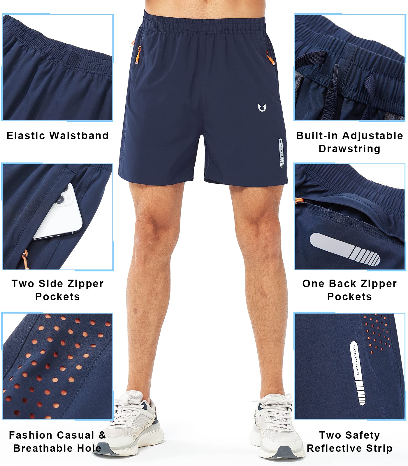 NORTHYARD Men's Athletic Running Shorts Gym Workout 7"/9"/5" Quick Dry Lightweight Sports Basketball Tennis 3 Zipper Pockets NAVY-5inch XL