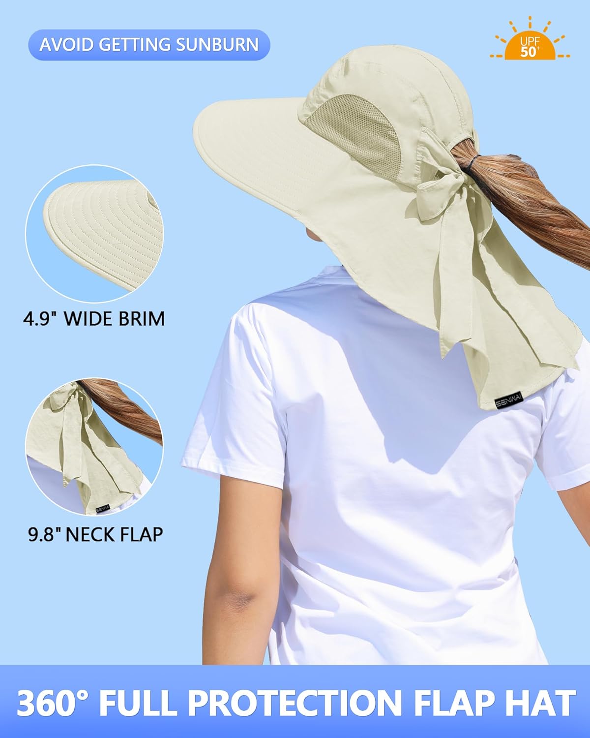 Women's UV Protection Sun Hat - Wide Brim Fishing Hat with Ponytail Hole & Neck Flap | Ideal for Beach, Hiking, Camping