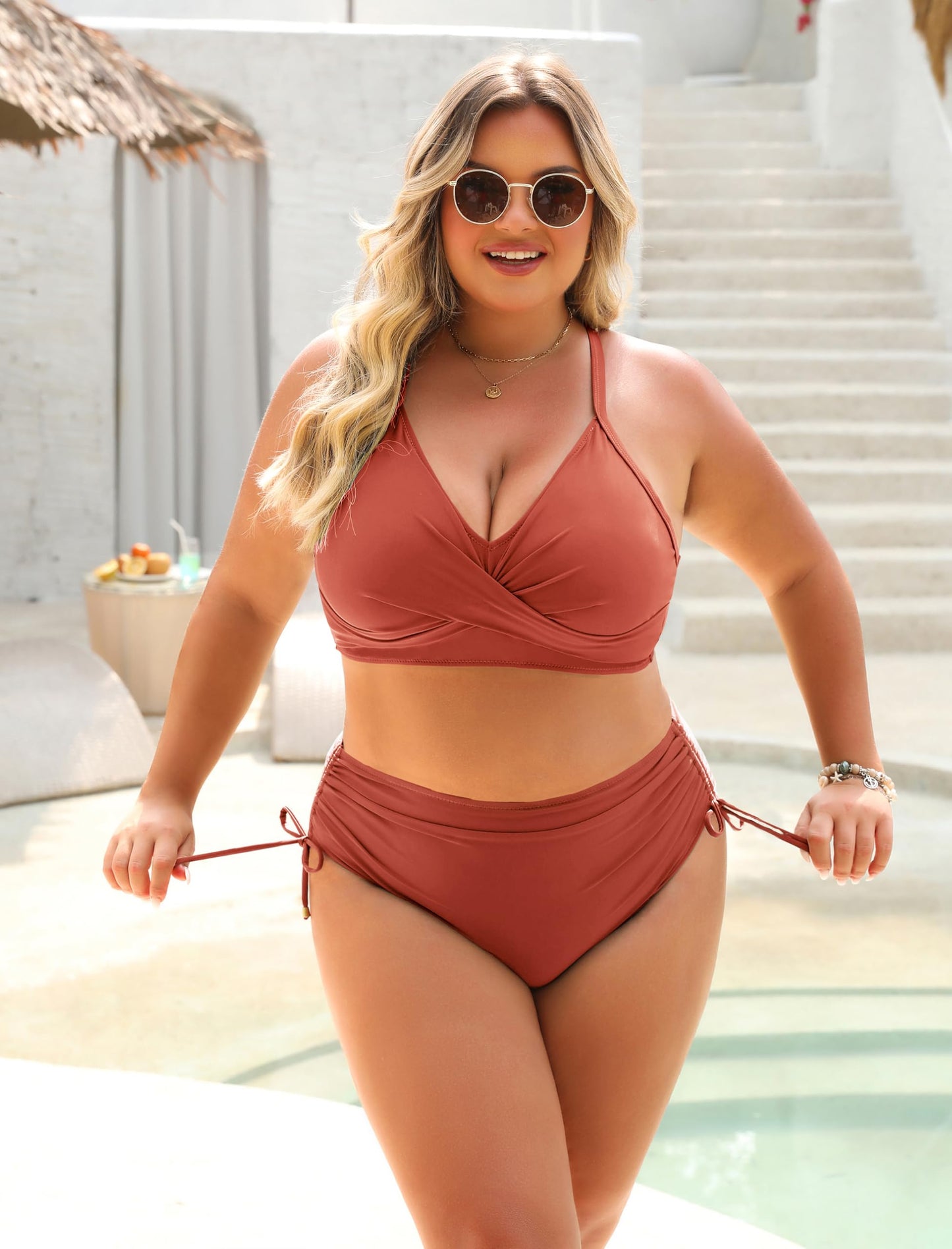 Blooming Jelly Womens High Waisted Bikini Sets V Neck Two Piece Swimsuit Tummy Control Bathing Suit (Large, Red)