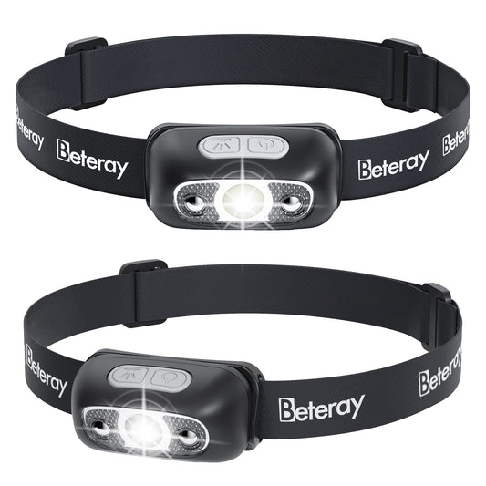 Rechargeable Headlamp for Adults with 300 Lumens USB Head Lamp with Lightweight Design(0.08 LB), IPX4 LED Sensor Headlamps for Running Camping Reading with Long Run Time (Black & White) - 2 Pack