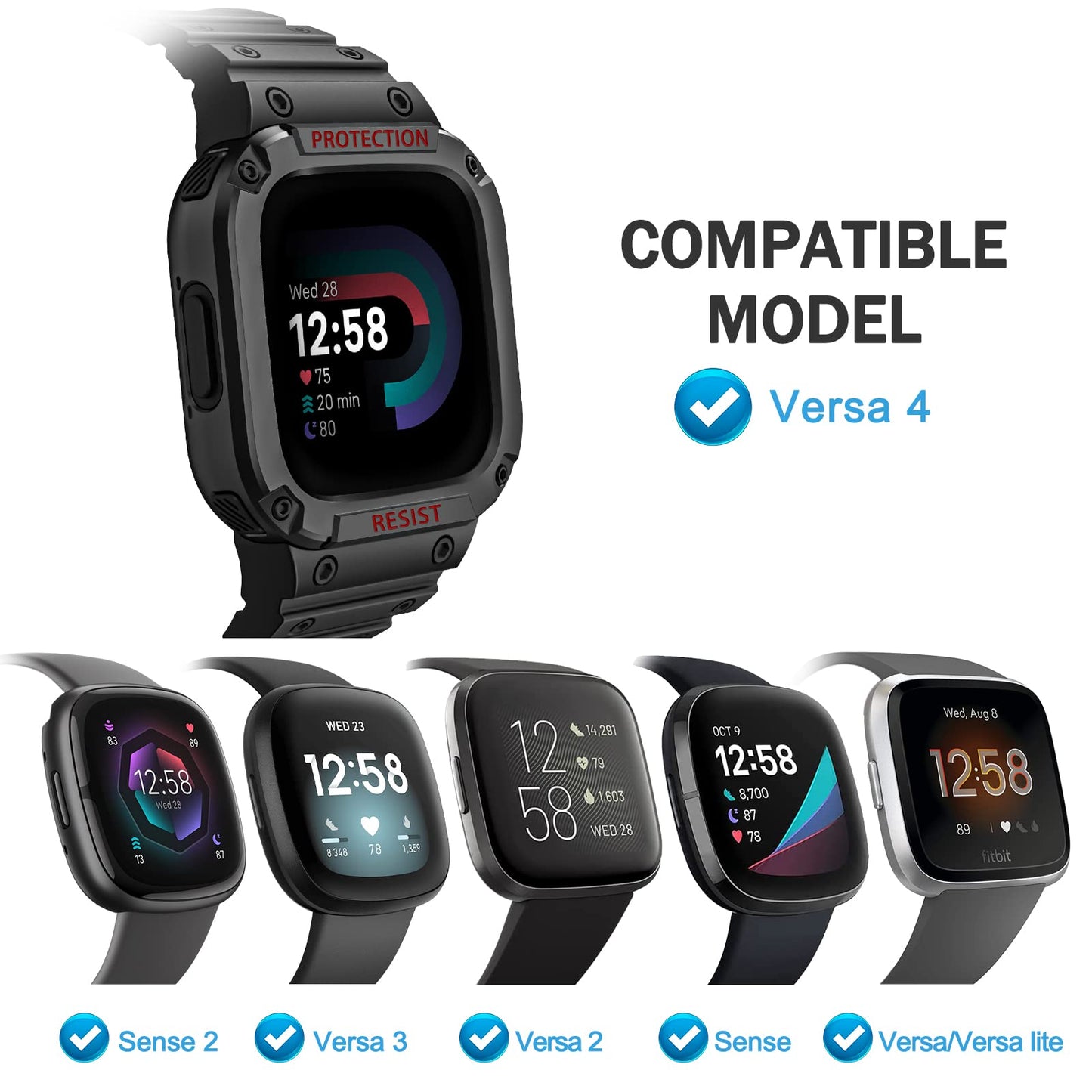 Fintie Bands with Case Compatible with Fitbit Versa 4/3/2/1/Versa Lite/Fitbit Sense 2/Sense, Protective Case Strap Rugged Sport Band Men, Black