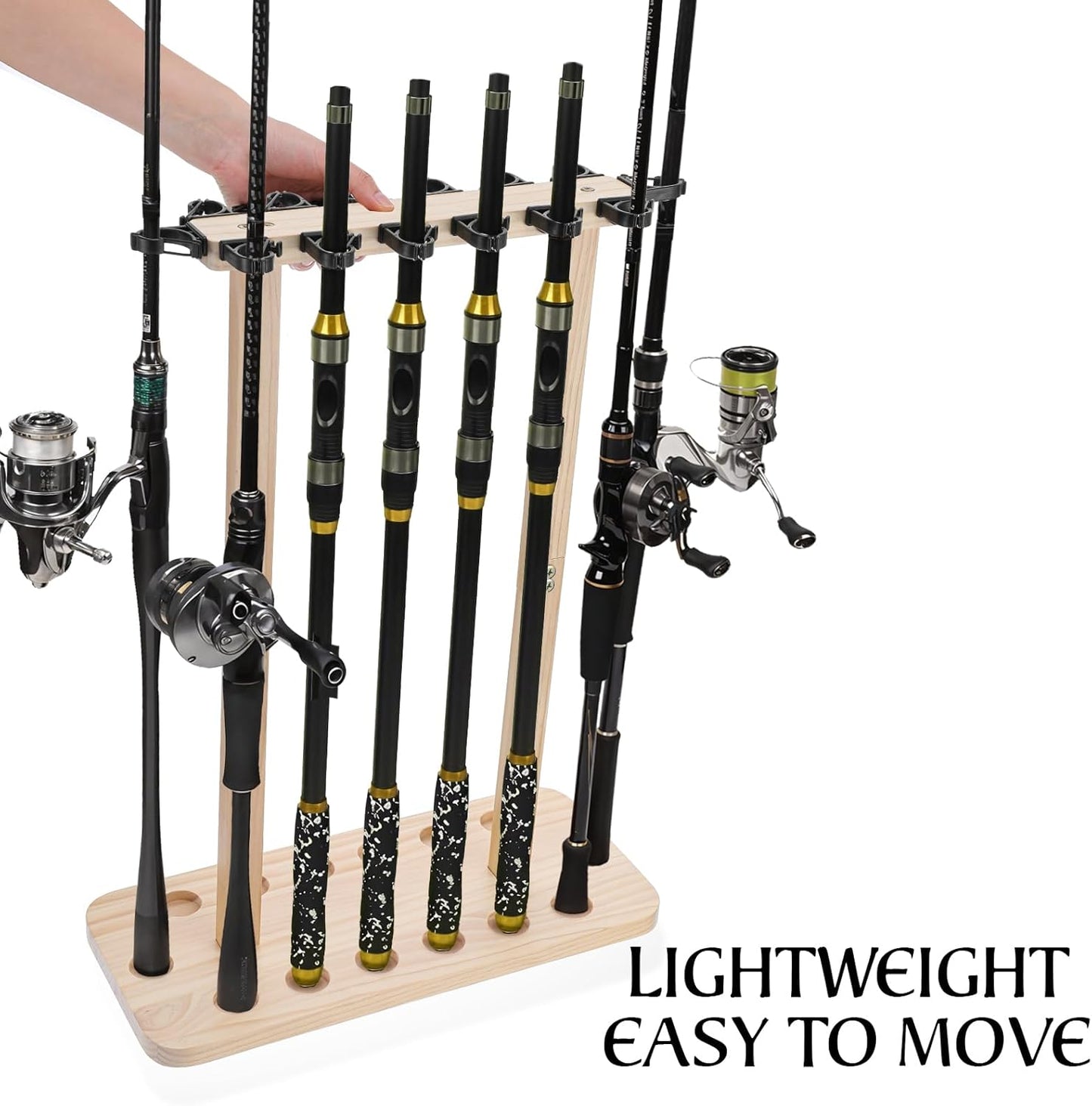 Fishing Rod Storage Rack - 100% Wood Floor Stand for 14 Rods | Garage Organization Solution