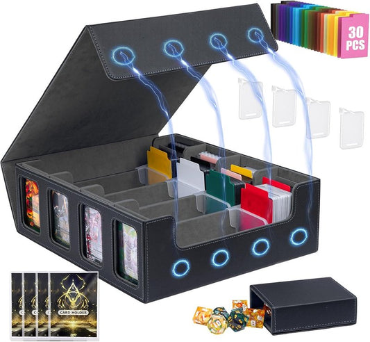Trading Card Storage Box - 3200+ MTG Commander Deck Organizer with Window, Dice Tray & 30 Dividers | Black Grey