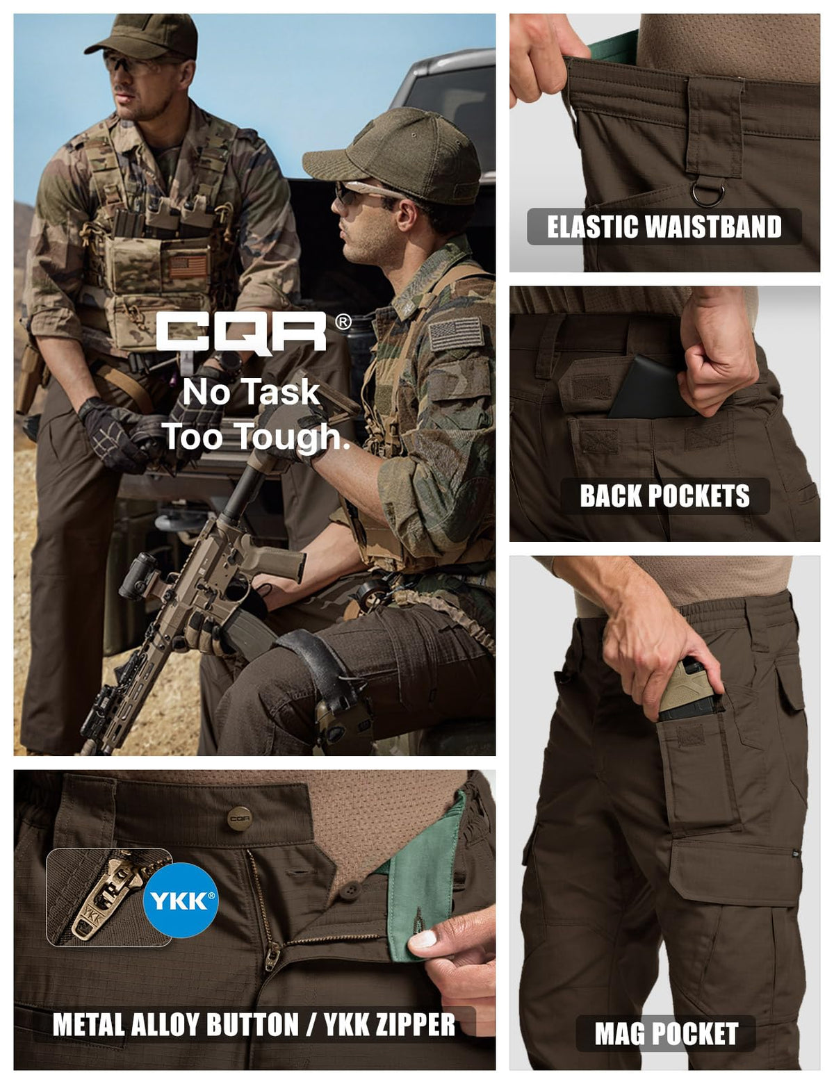 CQR Men's Tactical Pants, Water Resistant Ripstop Cargo Pants, Lightweight EDC Work Hiking Pants, Outdoor Apparel, Duratex Mag Pocket Dark Brown, 42W x 32L