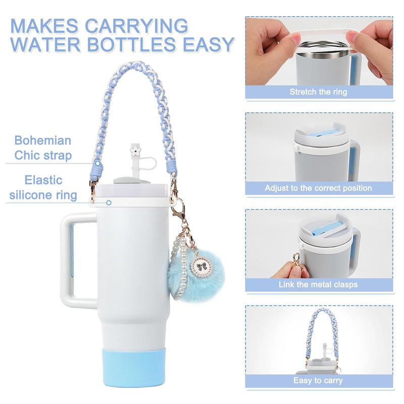 BELSITA Stanley Cup Accessories Set, Pom Pom Pearl Chain Braided Design Water Bottle Handle Strap, Silicone Stanley Cup Boot, Stanley Charms for Stanley Cup 30/40oz Tumble (Green)