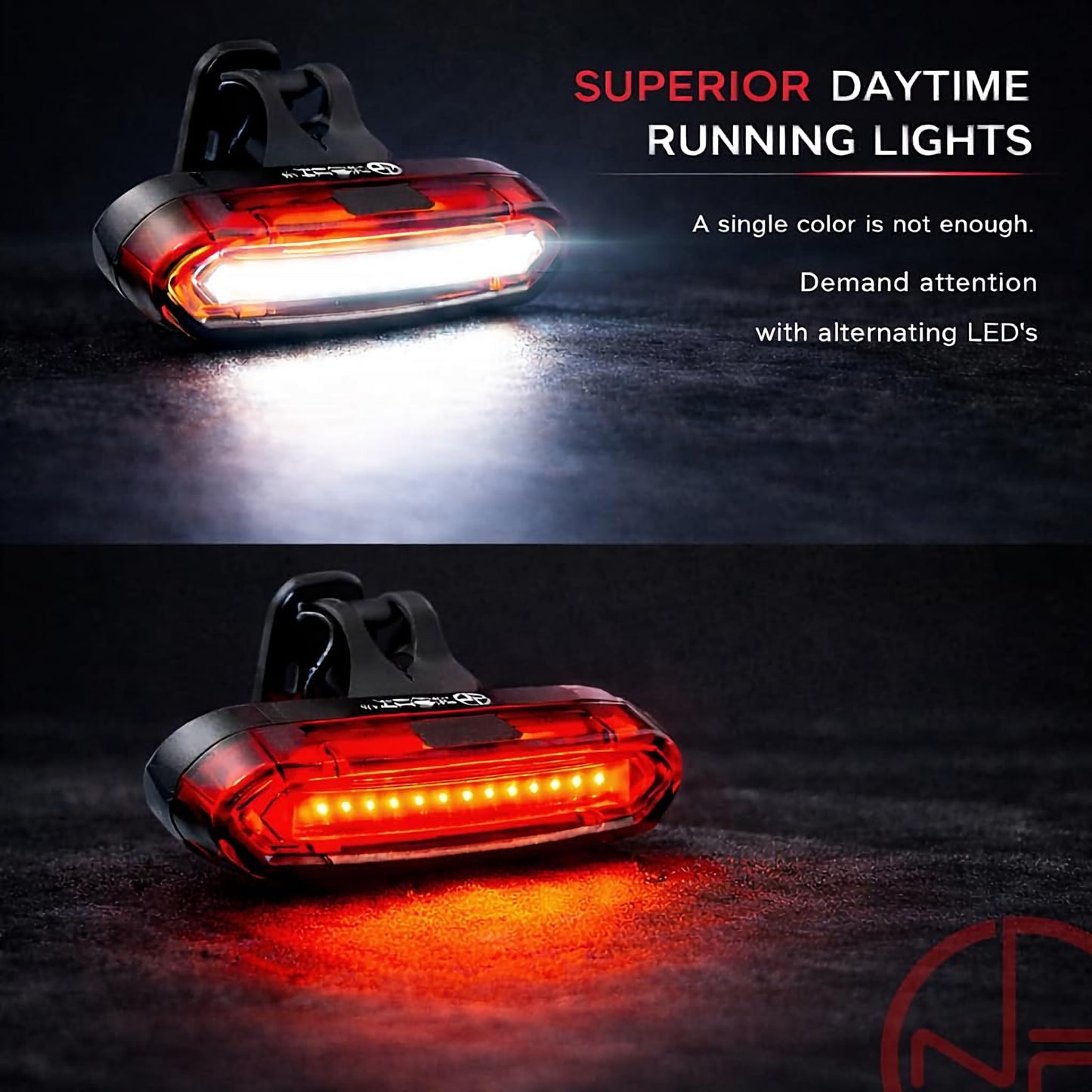 DUO-120 Red & White LED USB-C Rechargeable Bike Light Set Strobe Flashing Front or Rear Safety Warning Road Bike, Mountain Bike, BMX (2 Pack)
