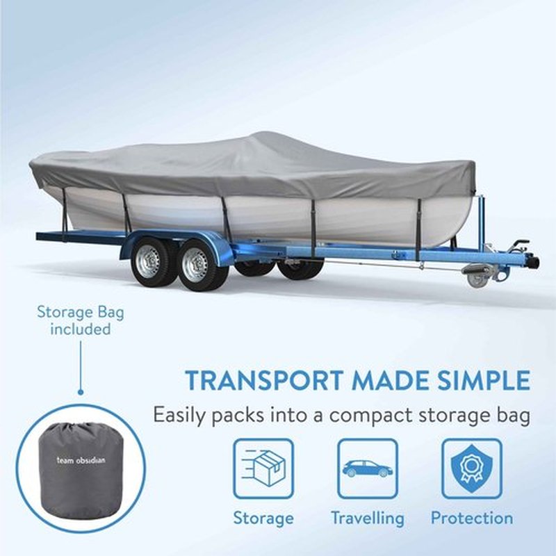 TeamObsidian Heavy Duty Waterproof Boat Cover - Universal Fit for 16' - 18.5' V-Hull Tri Hull Jon Fishing Bass Trailerable Boats