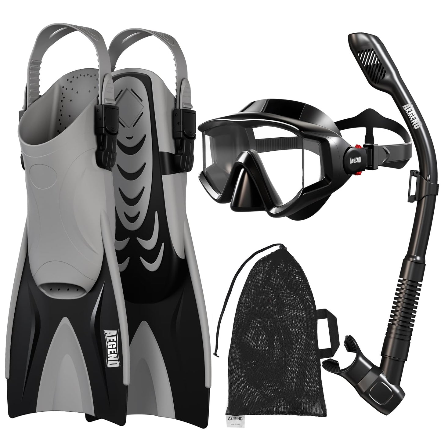 Aegend Snorkeling Gear for Adults Men Women: Anti-Fog Panoramic Mask Set, Adjustable Fins & Dry Top Snorkel – All-in-One Travel Snorkel Set for Swimming, Diving & Snorkeling (Dark Black, S/M)