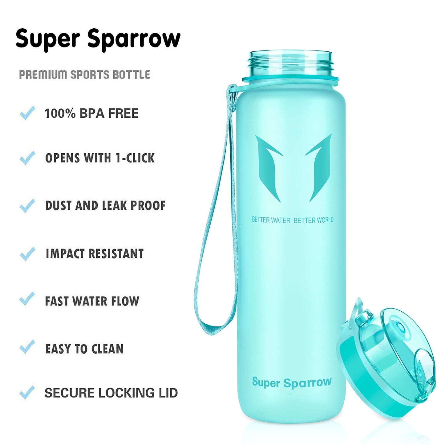 Super Sparrow Water Bottle - 17 oz - BPA & Toxic Free Tritan Water Bottles - One Touch Opening - Leak-proof Plastic Bottle - Kids Water Bottle for Office, Gym, Outdoor, Sports