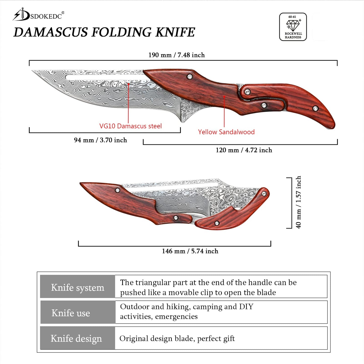 SDOKEDC SD604A VG10 Damascus Folding Knife Tactical Military Pocket Knife Yellow Sandalwood Handle Mechanical Lock Outdoor Camping Survival Hunting Self Defense Multitool (Suguha)