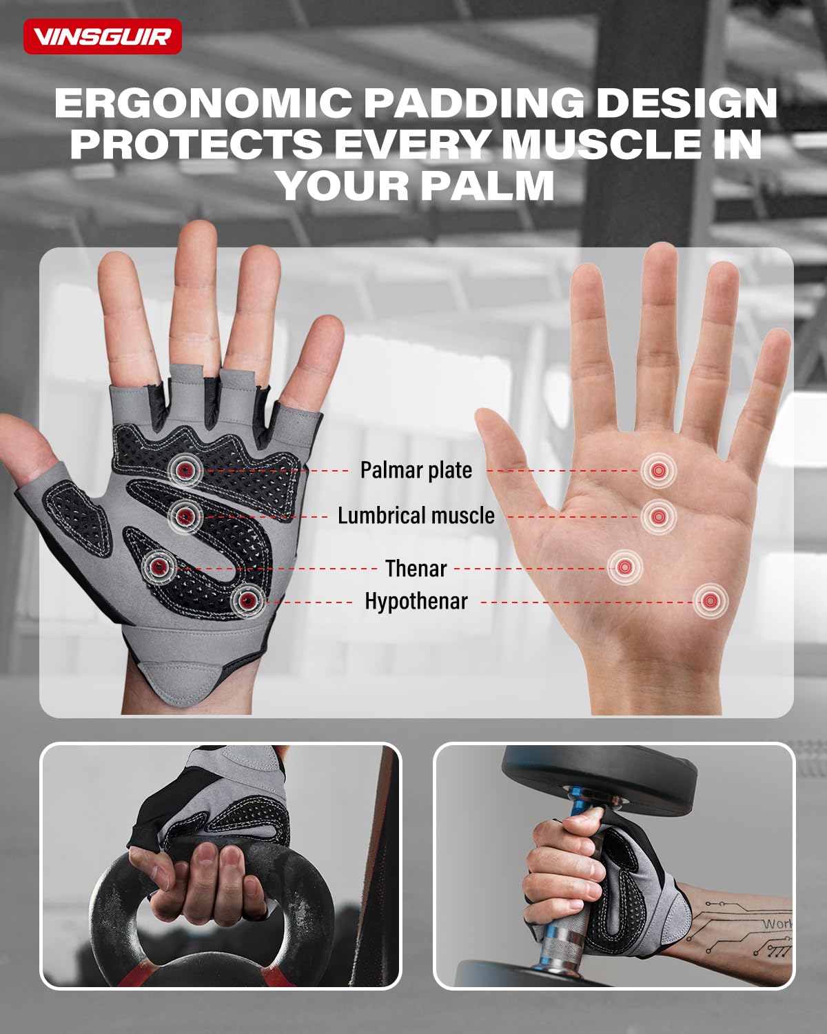 VINSGUIR Workout Gloves for Men and Women, Weight Lifting Gloves with Excellent Grip, Lightweight Gym Gloves for Weightlifting, Cycling, Exercise, Training, Pull ups, Fitness, Climbing and Rowing