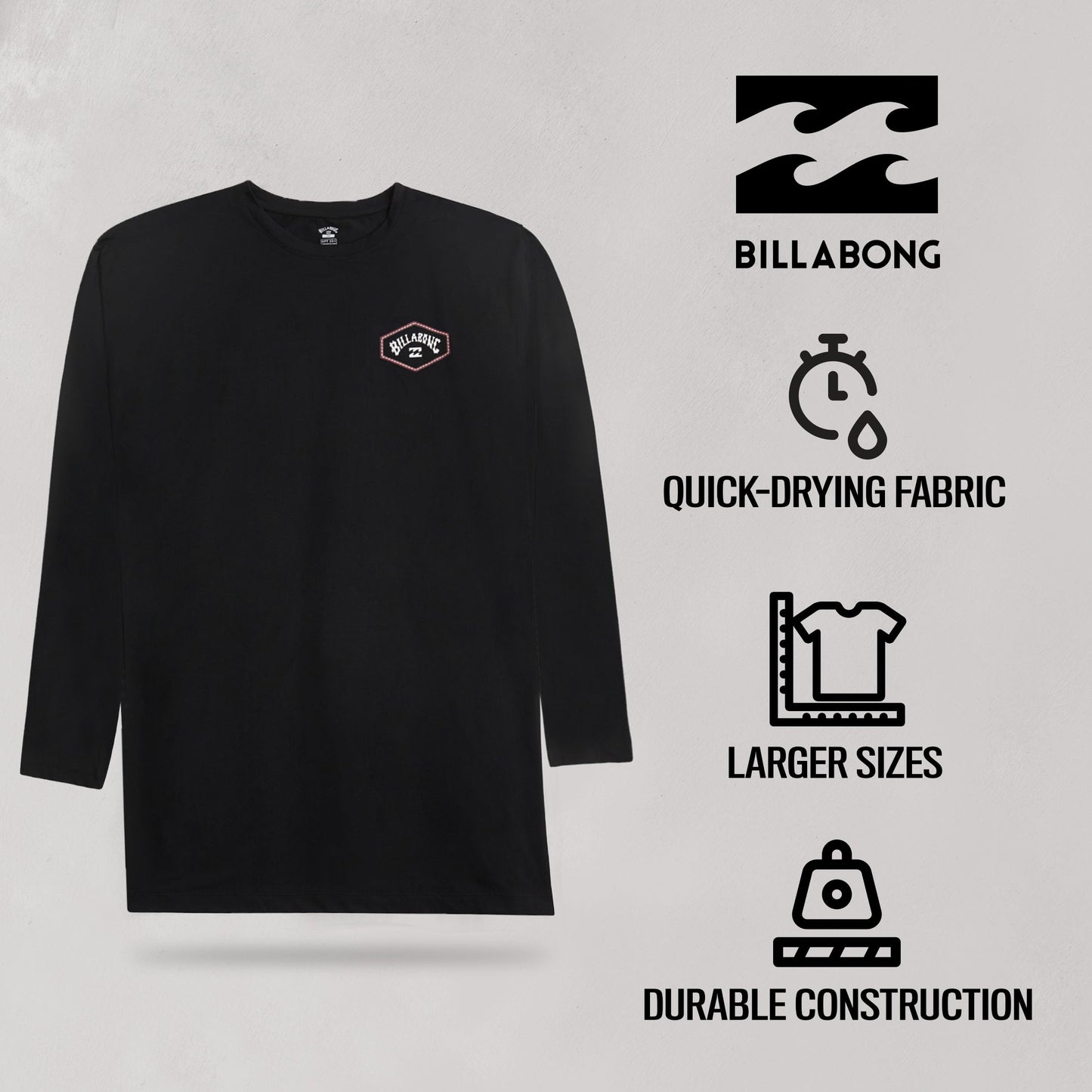 Billabong Rash Guard for Men UPF 50+ Big and Tall Swim Long & Short Sleeve Shirt Black