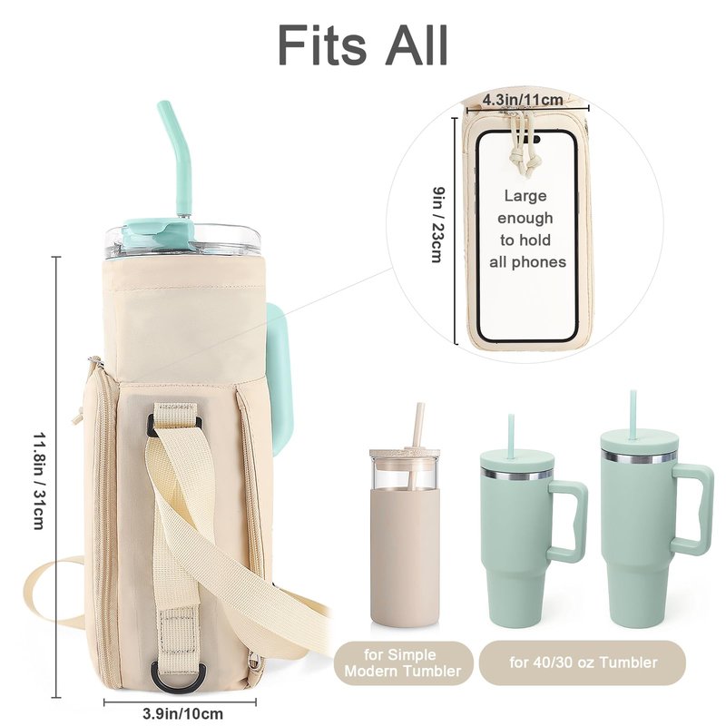 CONTAIL 2 in 1 Magnetic Water Bottle Carrier Bag for 30/40 oz Tumbler with Handle/no Handle,Bottle Pouch Holder with Adjustable Shoulder Strap,Multifunction Accessories Pocket&Carabiner