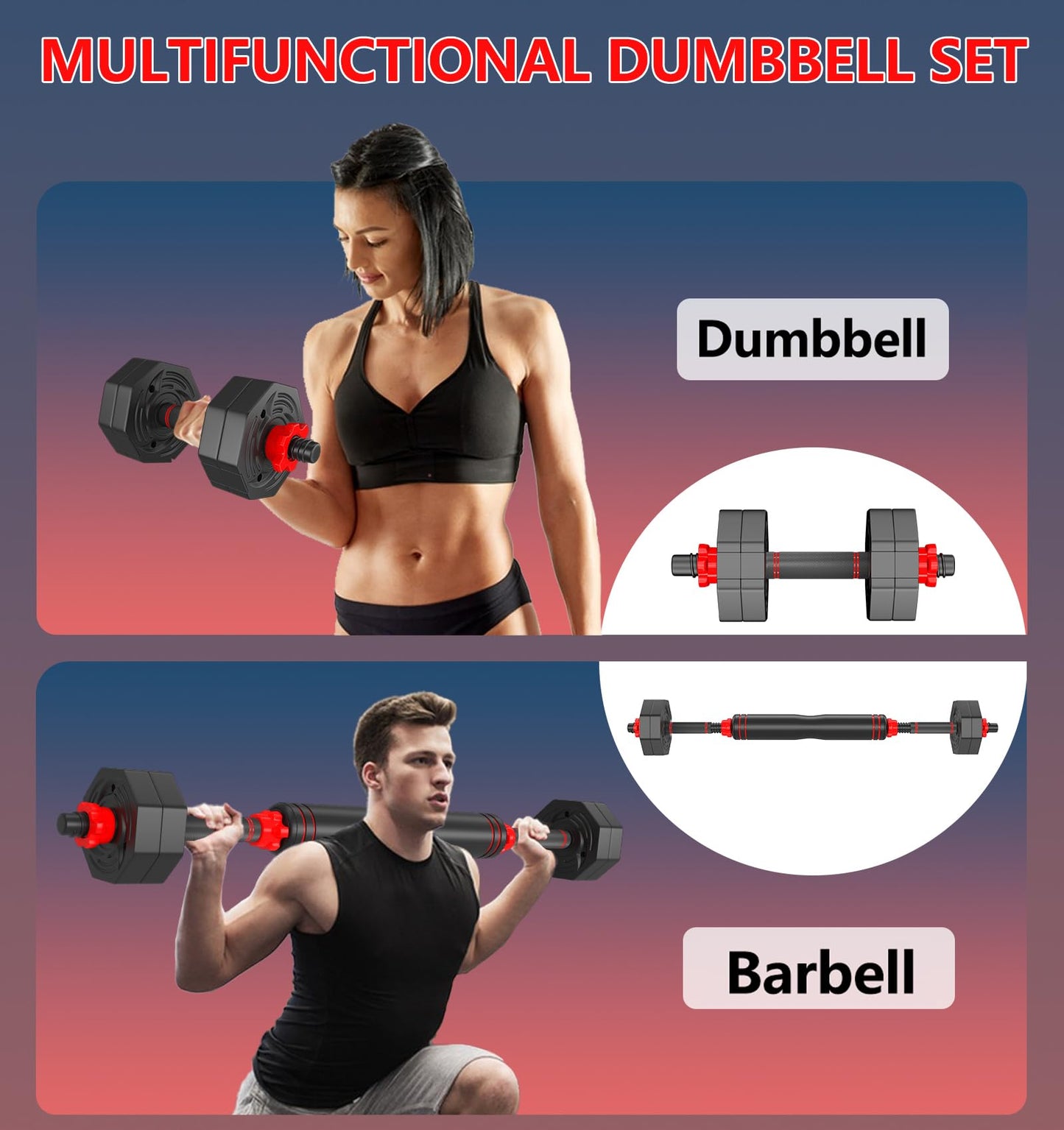 DICAO Dumbbell Set 20LB, Adjustable Weights Set Dumbbell Barbell Set Fitness Women Dumbbell Anti-Slip Hand Weight, Adjustable Weight Perfect for Home Gym Workouts, Strength Training for Men/Women