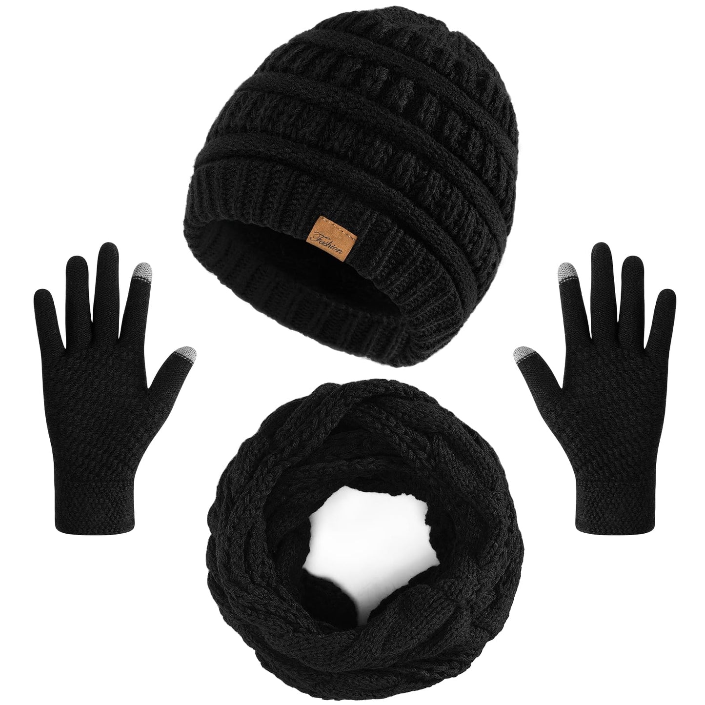 Winter Beanie Hat Scarf Gloves Set, Thick Warm Knit Winter Skull Cap Touch Screen Gloves Neck Scarf for Women Men