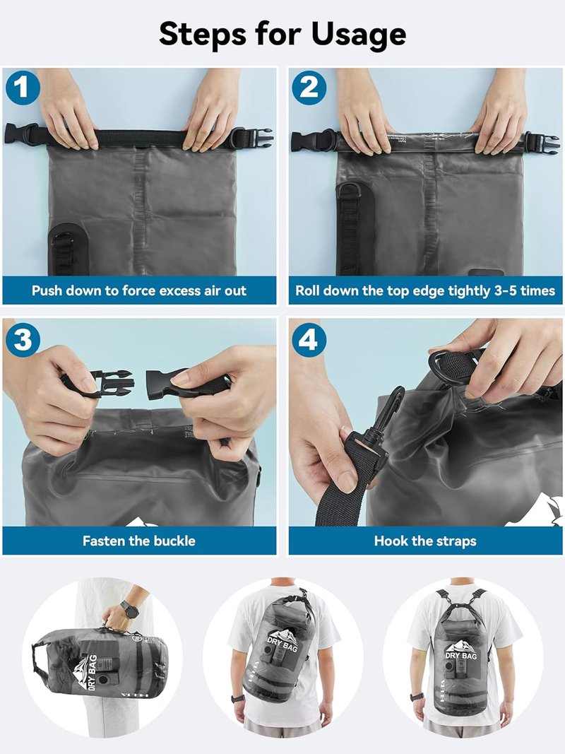 Waterproof Dry Bag - Lightweight Roll Top Storage Backpack for Travel | 5L/10L/20L/30L/40L Sizes, Includes Phone Case