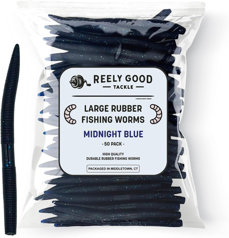 Reely Bass Fishing Lures - 5 Inch Navy Blue Soft Plastic Worms for Wacky, Texas & Carolina Rig | 50 Pack