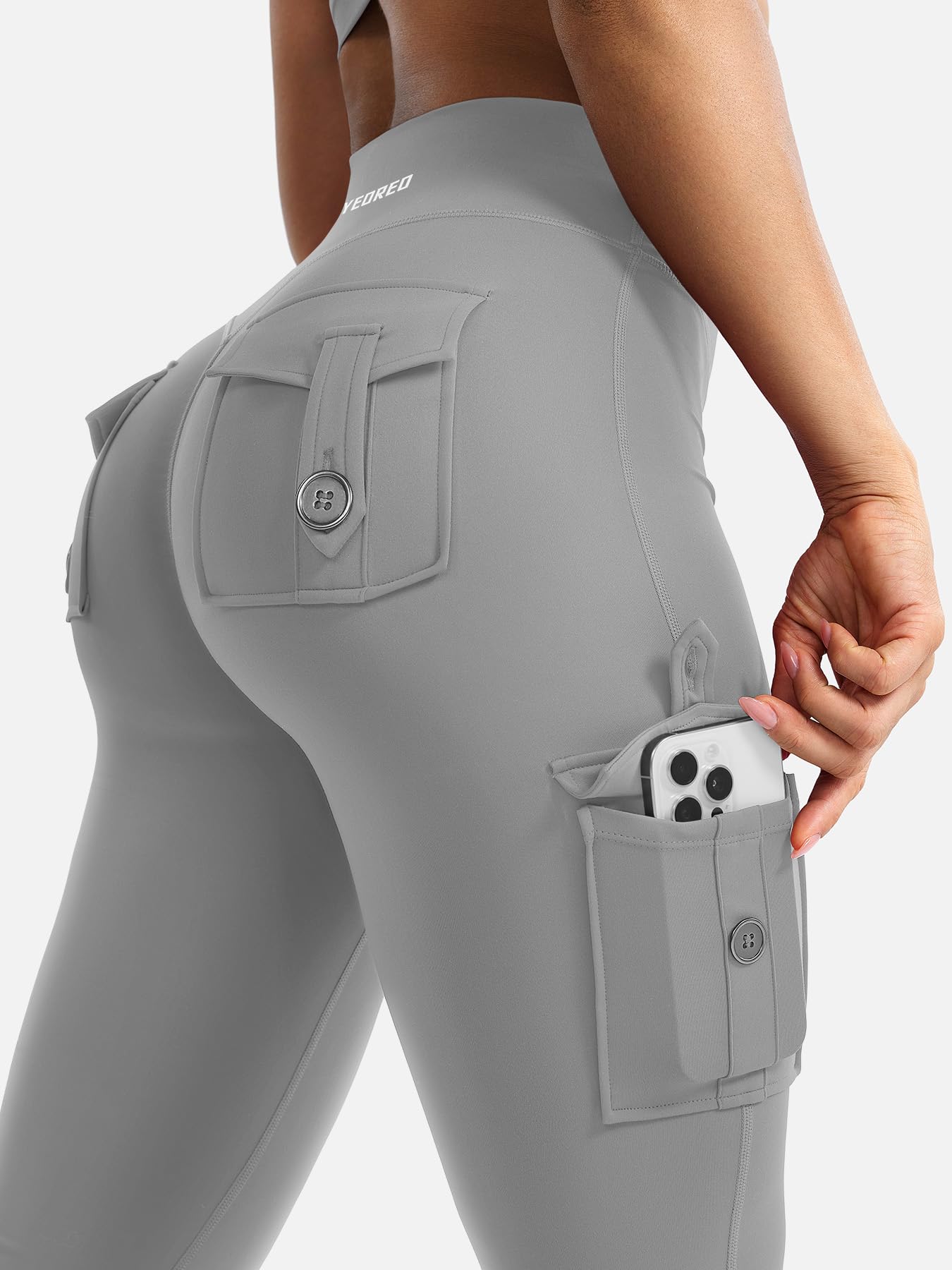 YEOREO CoreFlex Women Workout Flare Leggings with Pockets Scrunch Cargo Gym Yoga Leggings Light Gray XXL