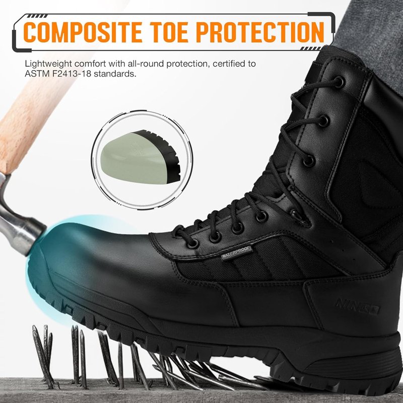 Composite Toe Work Boots for Men - Waterproof, Lightweight Design | 8" Leather Safety Shoes with Side Zipper, Non-Slip & Puncture Proof