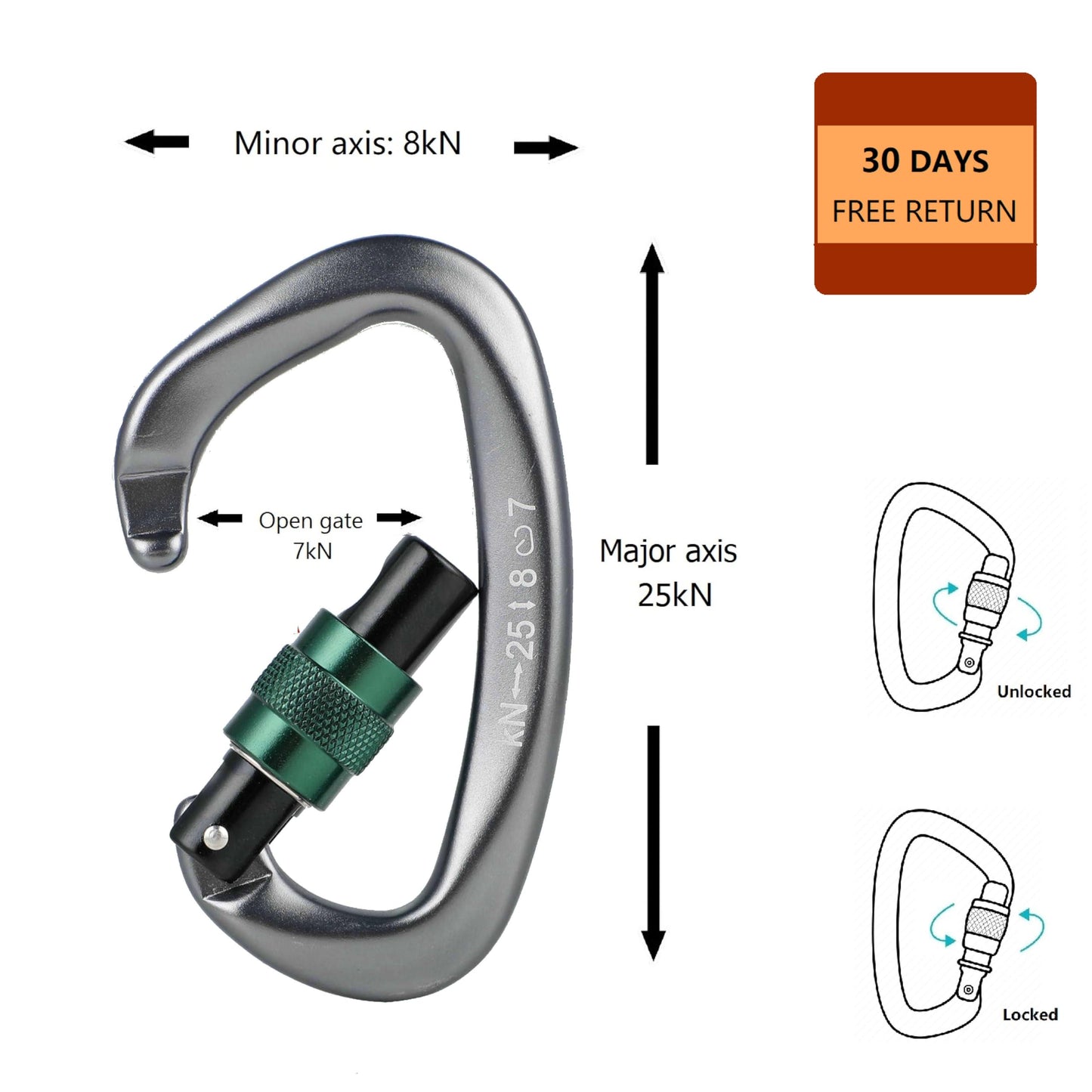 Climbing Locking Carabiner Clip Rappelling - Thorn 25KN Heavy Duty Large Screwgate Carabiners Clips for Rock Climbing,Mountaineer,Hammock,Camping,Gym,Dark Grey Pack of 2