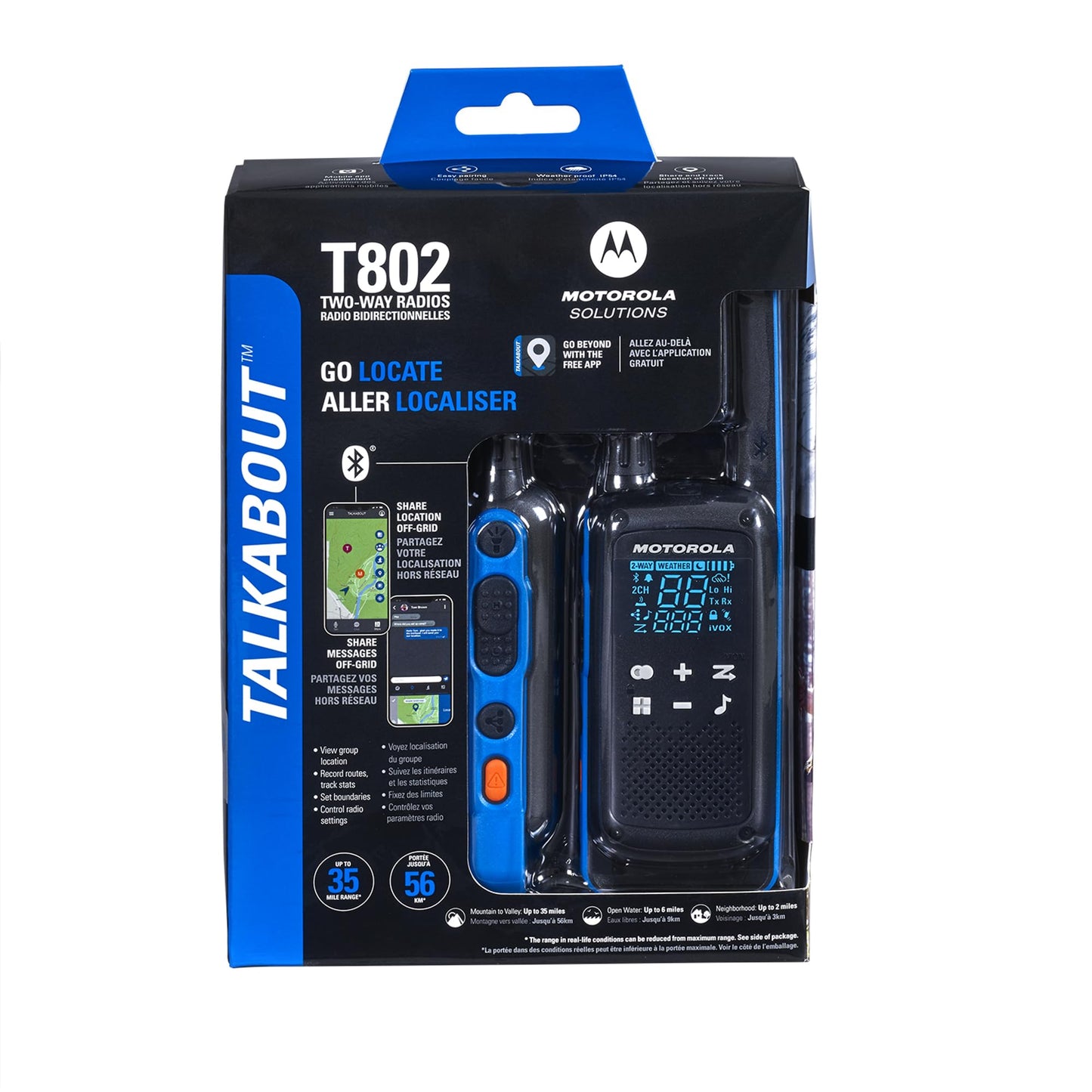 Motorola Solutions, Portable FRS, T802, Talkabout, Two-Way Radios Waterproof IP54 Walkie Talkie Emergency Preparedness, Rechargable, 22 Channel, 35 Mile, Black W/Blue, 2 Pack