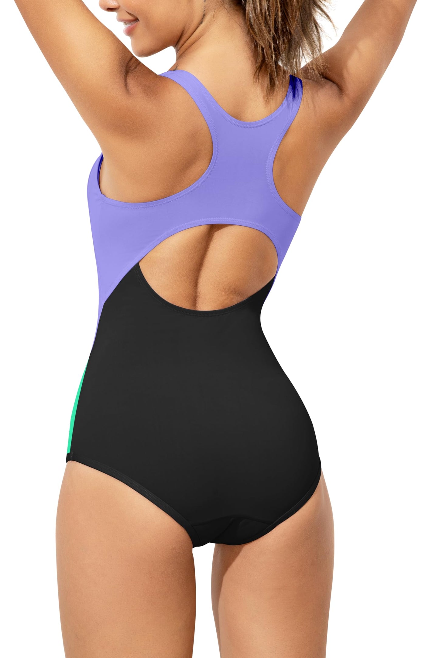 Beautikini Period Swimwear One Piece Leakproof Menstrual Swimsuit Racerback Color Block Bathing Suit for Teen Girl Purple XXS