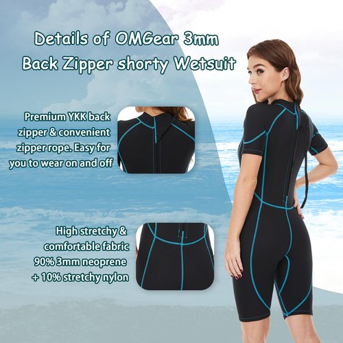 OMGear Wetsuit Women Men 3mm Neoprene Dive Wet Suit for Cold Water Short Thermal Swimsuit for Adults Snorkel Suit for Snorkeling Scuba Diving Swimming Surfing(Wathet,M)