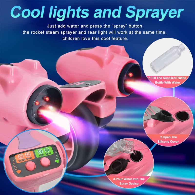 3 Wheel Scooter for Kids, Toddler Scooter with Bluetooth Music Speaker Steam Sprayer LED Lights Aluminum Alloy T-Bar, Ideal Gift for Boys Girls Ages 3-10 (Pink)