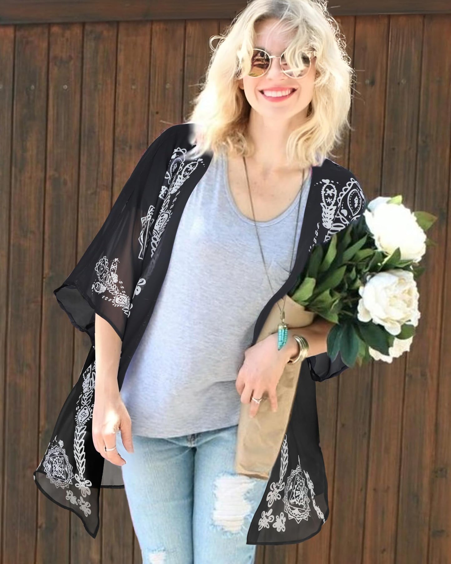 Women's Floral Kimono Cardigan Cover Up Casual Tops,Caftan Black,XL